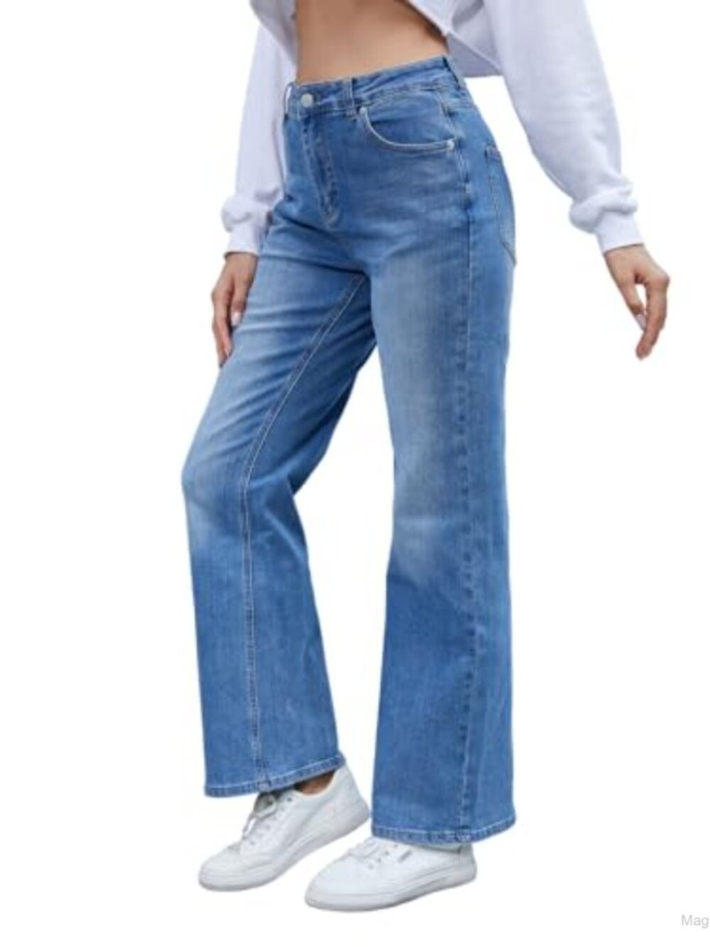 Wide Leg High Waisted Stretchy Denim Jeans Pull On Style